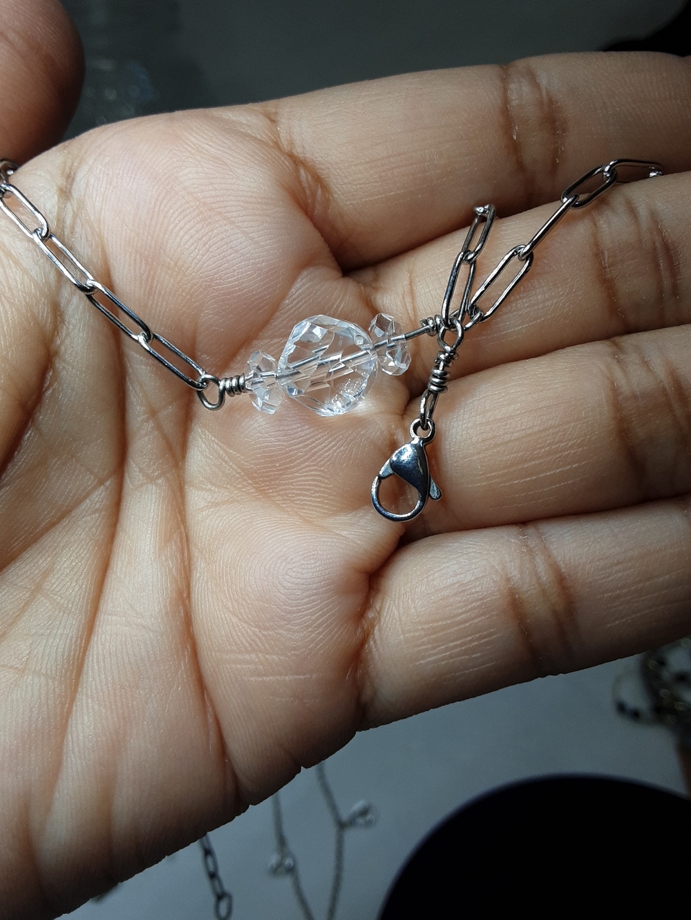 Large, Stainless Steel Herkimer Diamond Quartz Necklace.